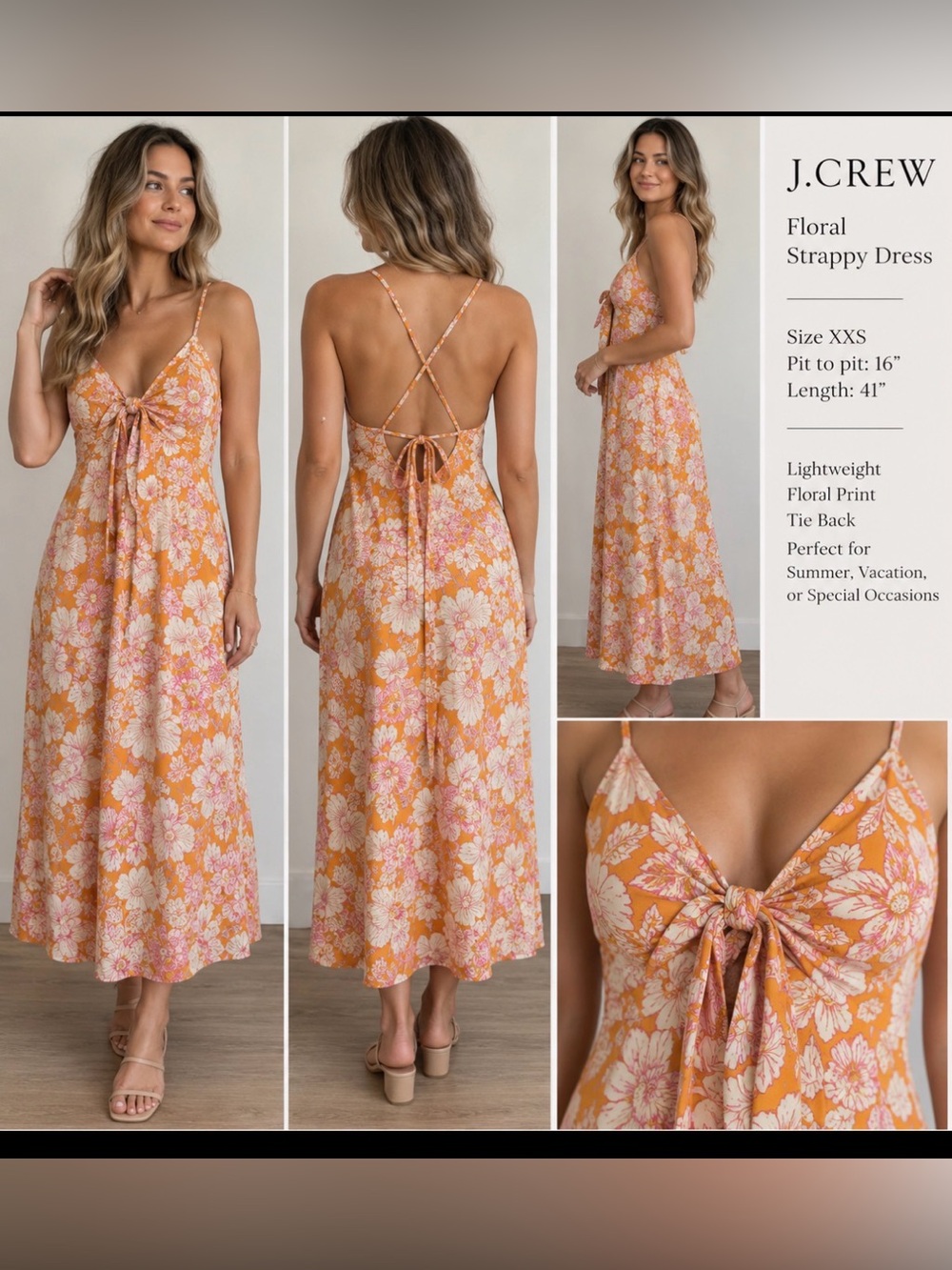 J.Crew XXS Orange Pink Floral Strappy Tie Back Midi Dress